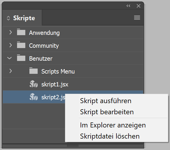 Das Skripte-Bedienfeld in InDesign mit den Ordnern Anwendung, Community und Benutzer sowie dem Kontextmenü eines Skripts (Skript ausführen, Skript bearbeiten, Im Explorer anzeigen, Skriptdatei löschen)